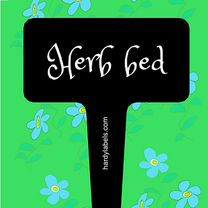 This shows the black and white label with Herb Bed written in the Princess Sofia font